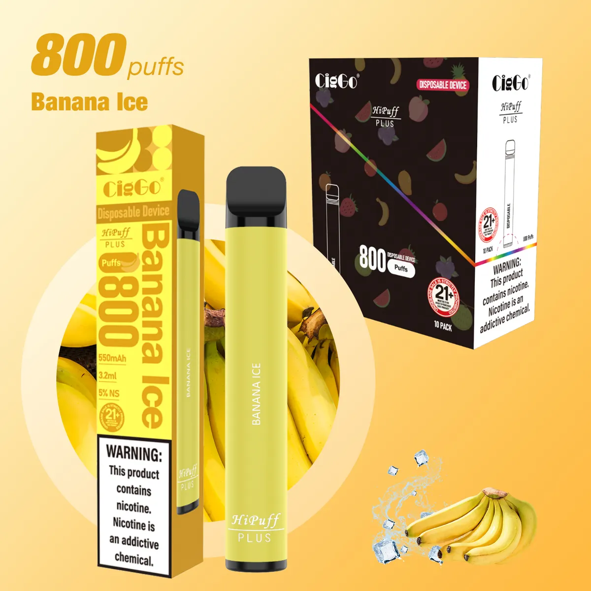 CigGo Hipuff Plus 800-puff disposable vape, 3.2 ml, HIPUFF house brand — view 2