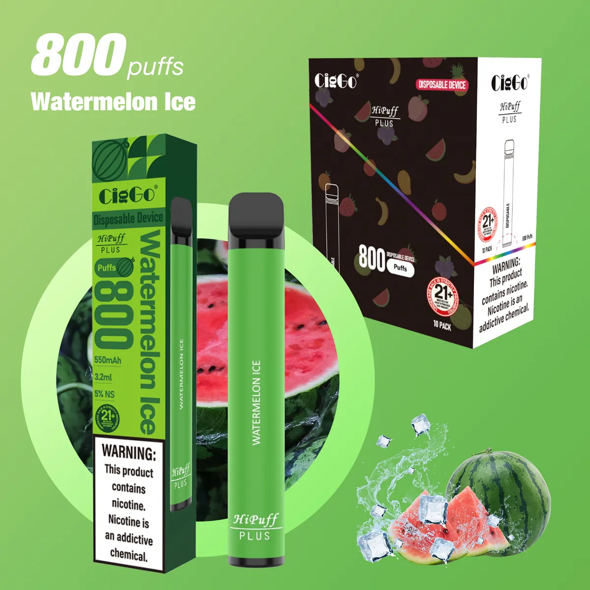 CigGo Hipuff Plus 800-puff disposable vape, 3.2 ml, HIPUFF house brand — view 3