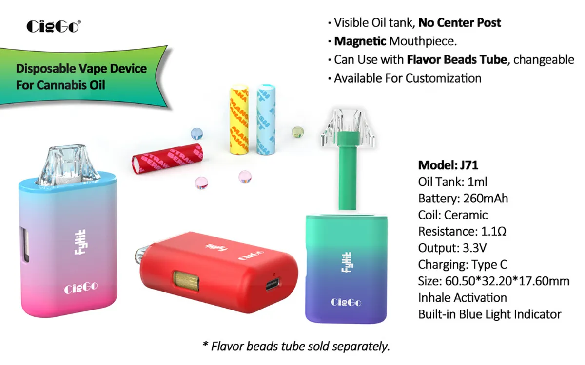 J71 disposable vape — side view showing 60.5 × 32.2 × 17.6 mm dimensions