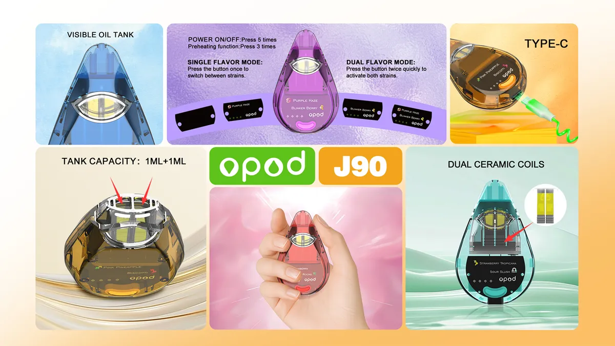 J90 dual-tank disposable vape, 1 ml + 1 ml, 1.8 inch customizable screen — view 7