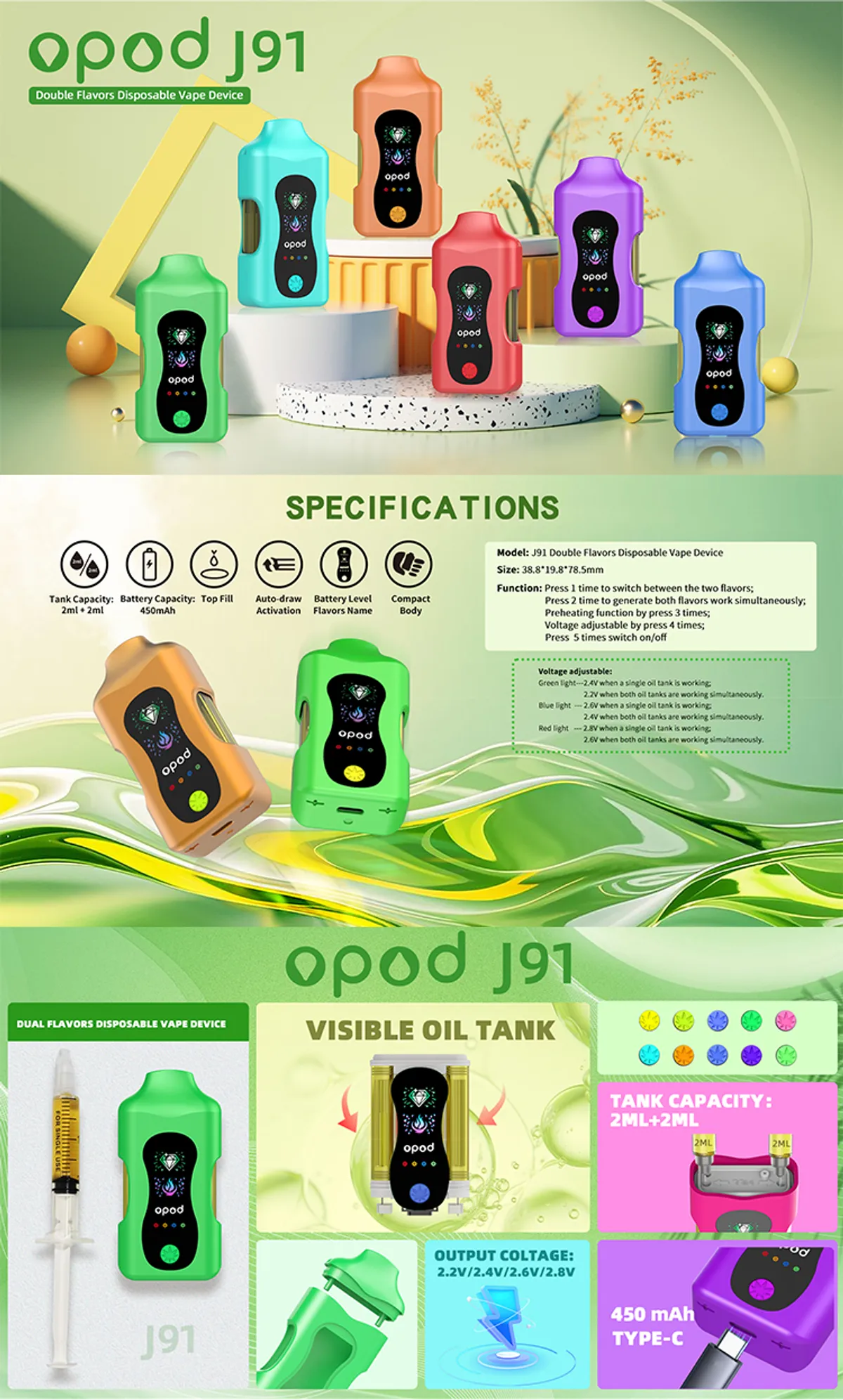 J91 dual-tank disposable vape, 2 ml + 2 ml tanks, 450 mAh battery — view 5