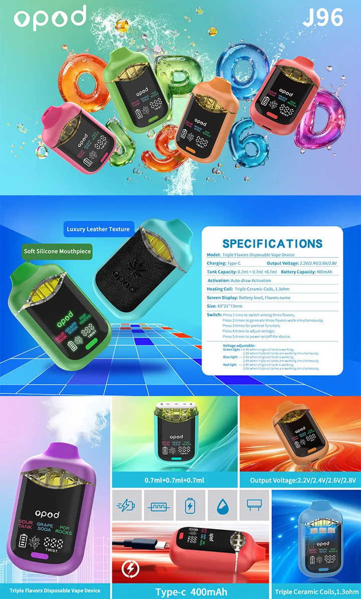 J96 triple-flavor vape device, 3 × 0.66 ml chambers, large display — view 6