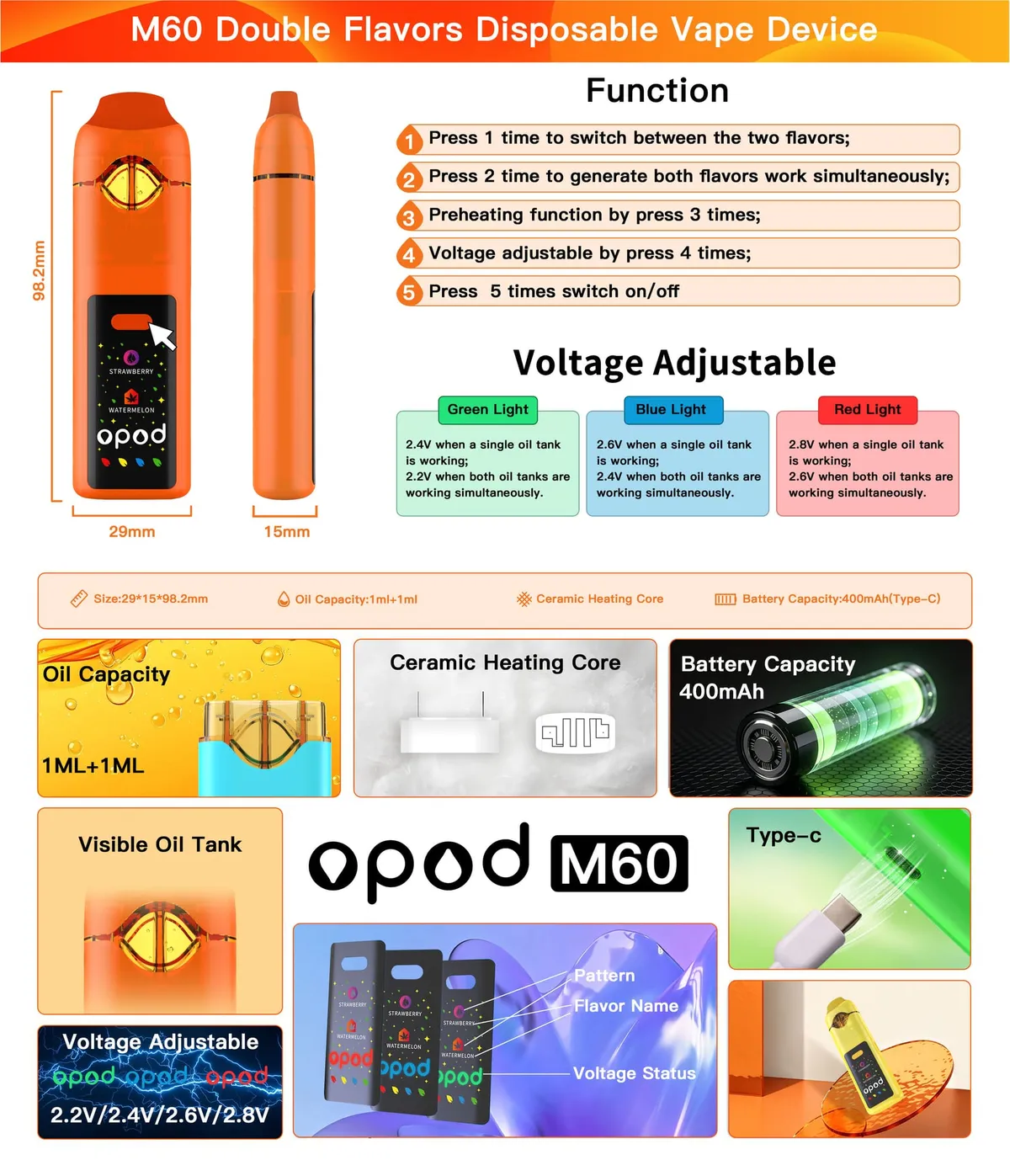 M60 Opod dual-flavor CBD vape, 1 ml + 1 ml glass chambers, ceramic coil — feature infographic: five button functions, voltage chart, 29 × 15 × 98.2 mm size and 400 mAh Type-C battery