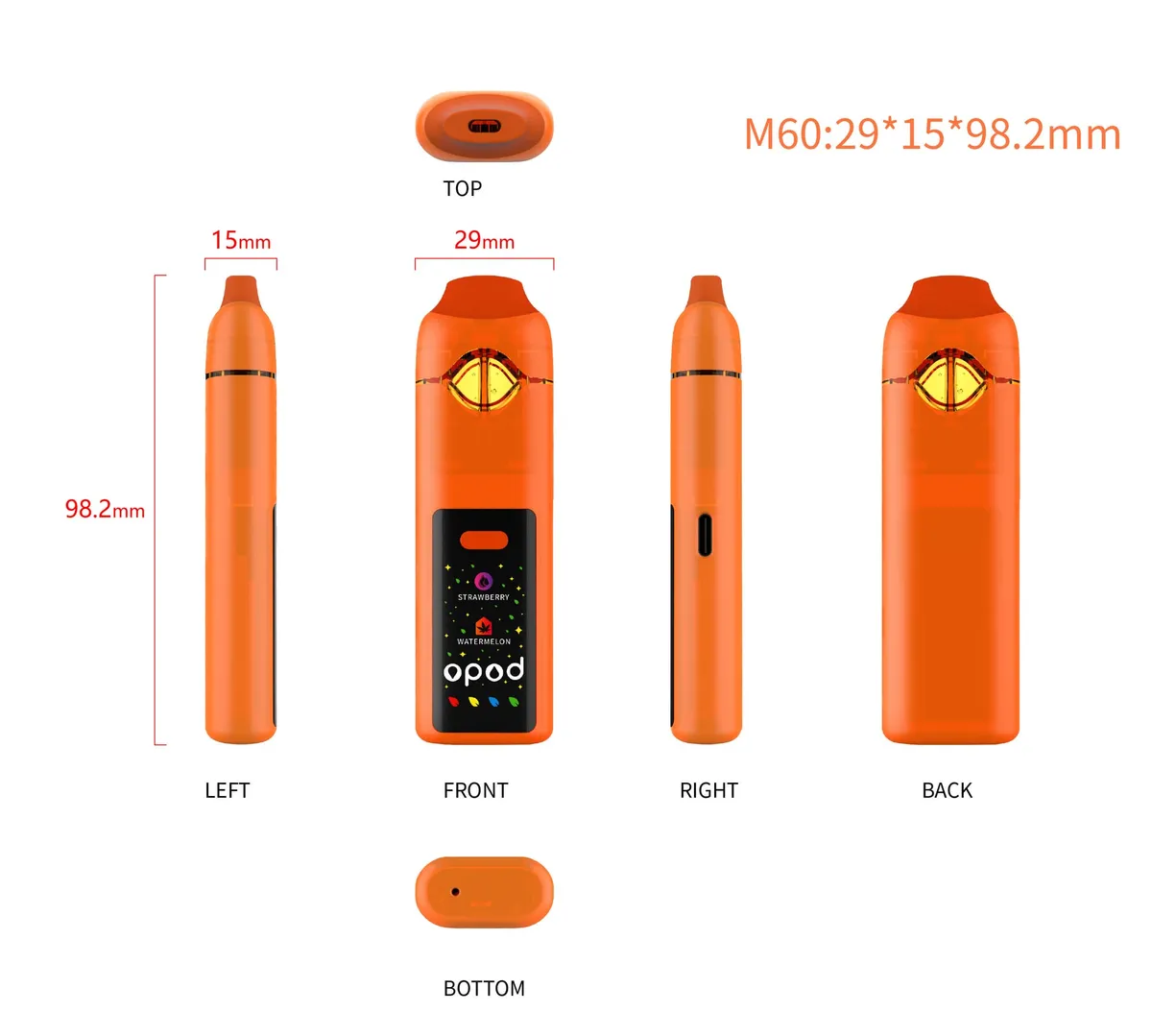 M60 Opod dual-flavor CBD vape, 1 ml + 1 ml glass chambers, ceramic coil — six-view diagram: top, left, front, right, back and bottom with 29, 15 and 98.2 mm dimension callouts