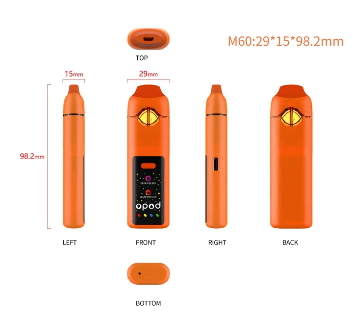 M60 Opod dual-flavor CBD vape, 1 ml + 1 ml glass chambers, ceramic coil — six-view diagram: top, left, front, right, back and bottom with 29, 15 and 98.2 mm dimension callouts