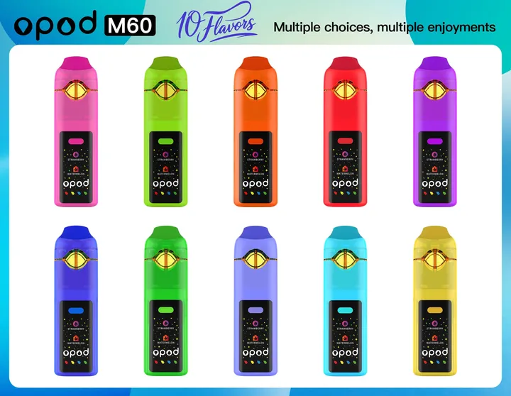 M60 Opod dual-flavor CBD vape, 1 ml + 1 ml glass chambers, ceramic coil — ten colorways standing in two rows, ten flavors multiple choices banner