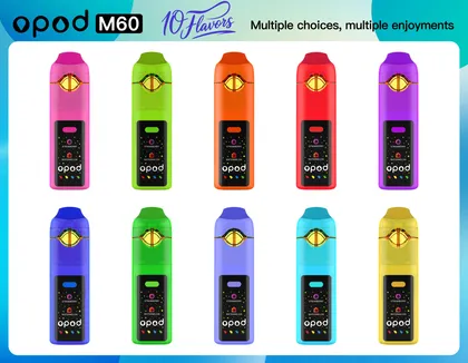 M60 Opod dual-flavor CBD vape, 1 ml + 1 ml glass chambers, ceramic coil — ten colorways standing in two rows, ten flavors multiple choices banner