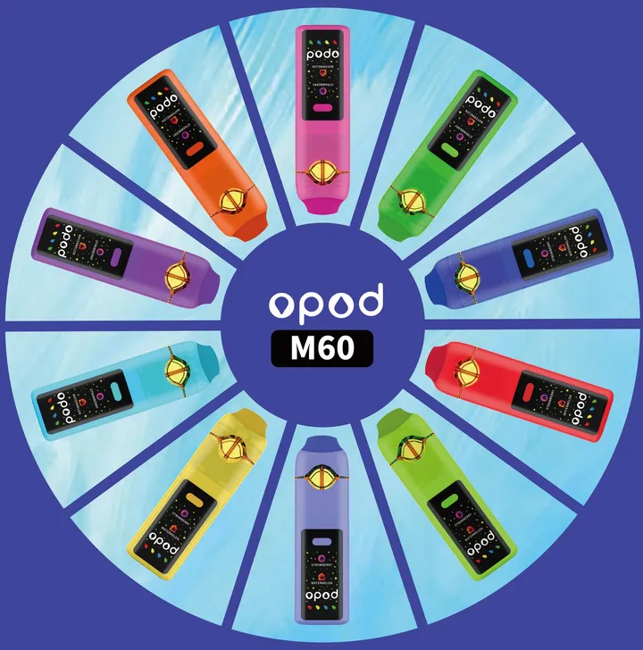 M60 Opod dual-flavor CBD vape, 1 ml + 1 ml glass chambers, ceramic coil — ten colorways arranged in a circle around the Opod M60 logo on a blue wheel