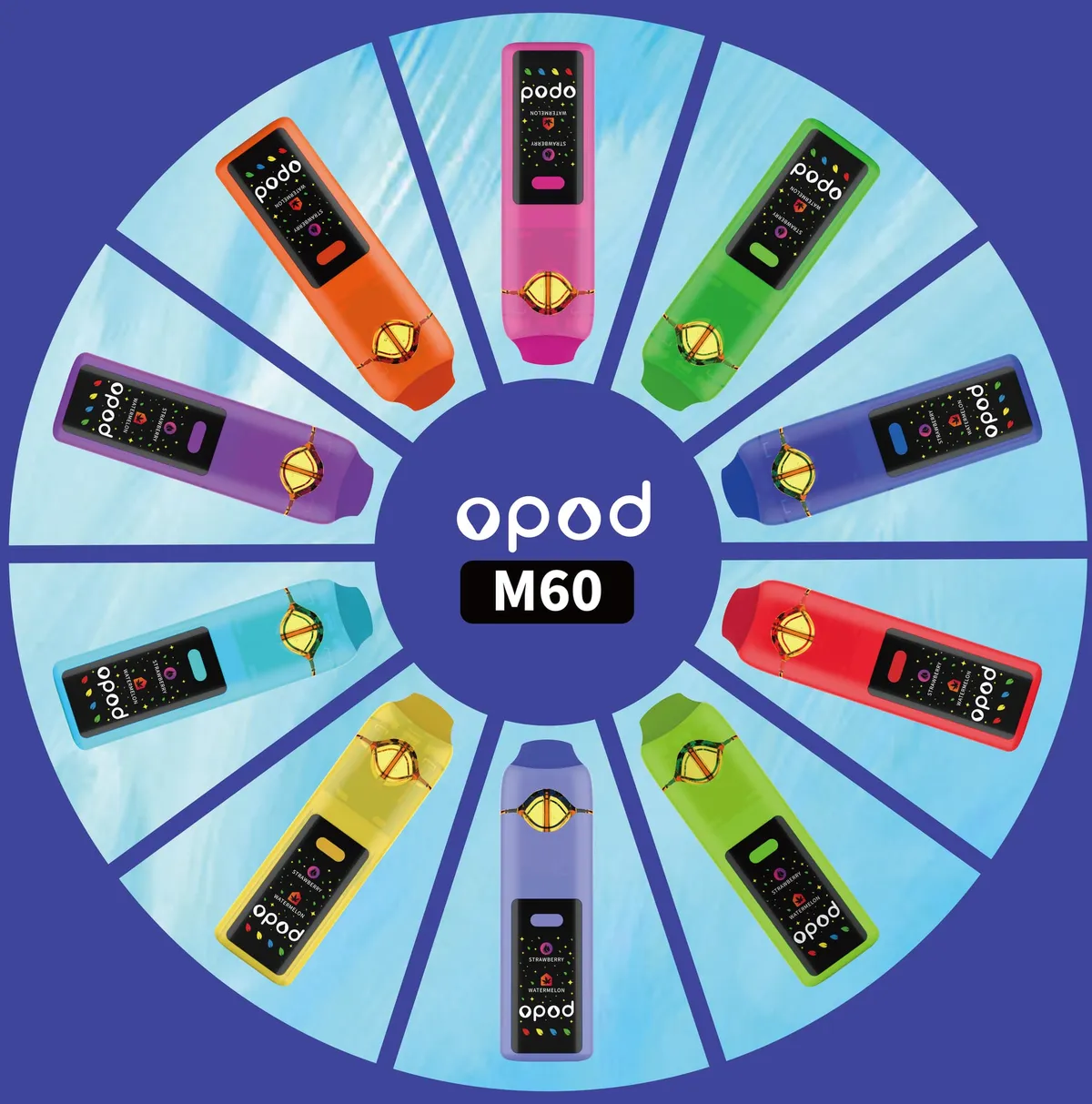 M60 Opod dual-flavor CBD vape, 1 ml + 1 ml glass chambers, ceramic coil — ten colorways arranged in a circle around the Opod M60 logo on a blue wheel