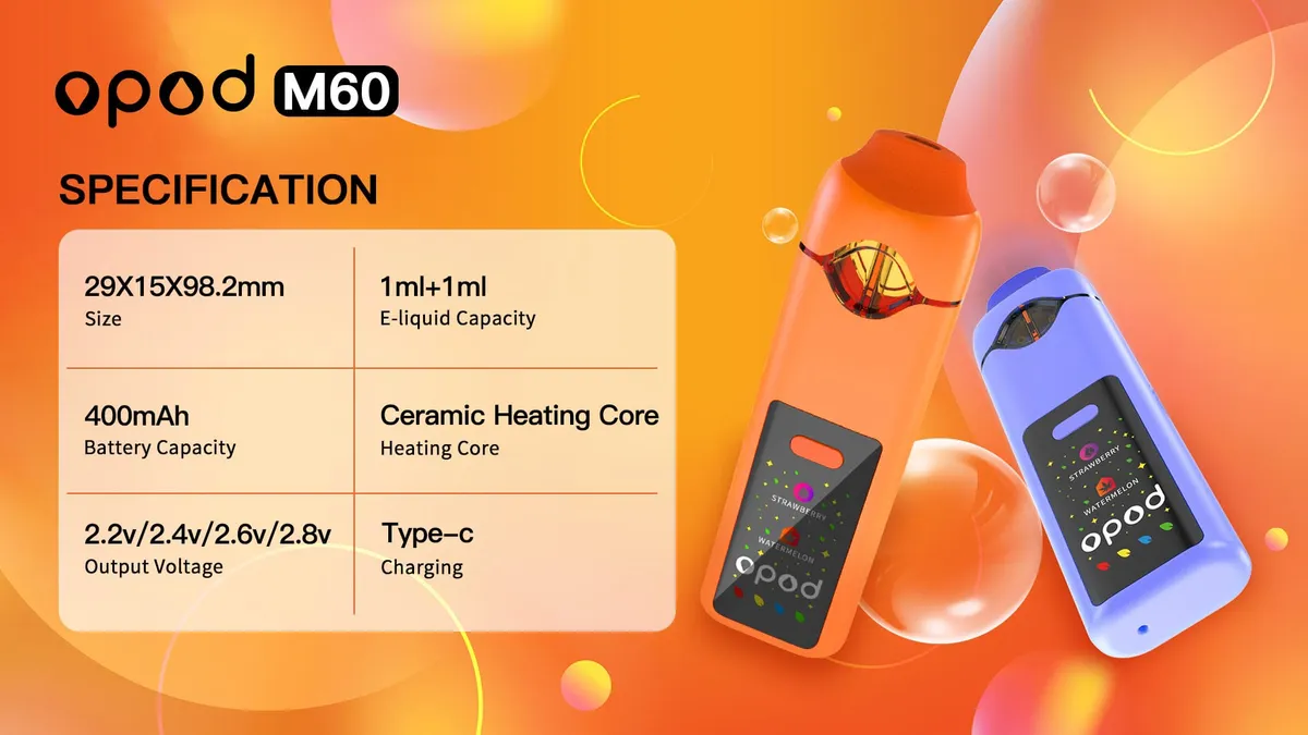 M60 Opod dual-flavor CBD vape, 1 ml + 1 ml glass chambers, ceramic coil — specification card with orange and blue units: size, capacity, 400 mAh battery, ceramic heating core, 2.2-2.8 V output, Type-C
