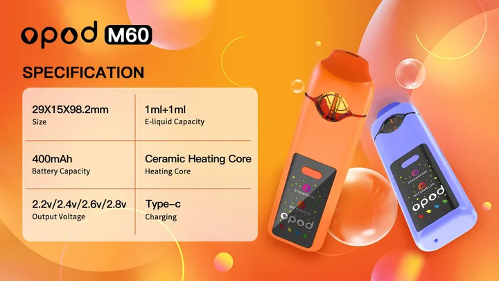 M60 Opod dual-flavor CBD vape, 1 ml + 1 ml glass chambers, ceramic coil — specification card with orange and blue units: size, capacity, 400 mAh battery, ceramic heating core, 2.2-2.8 V output, Type-C