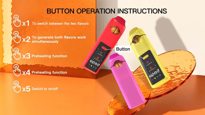 M60 Opod dual-flavor CBD vape, 1 ml + 1 ml glass chambers, ceramic coil — button operation instructions card beside red, pink and yellow units, five press actions from flavor switch to on/off