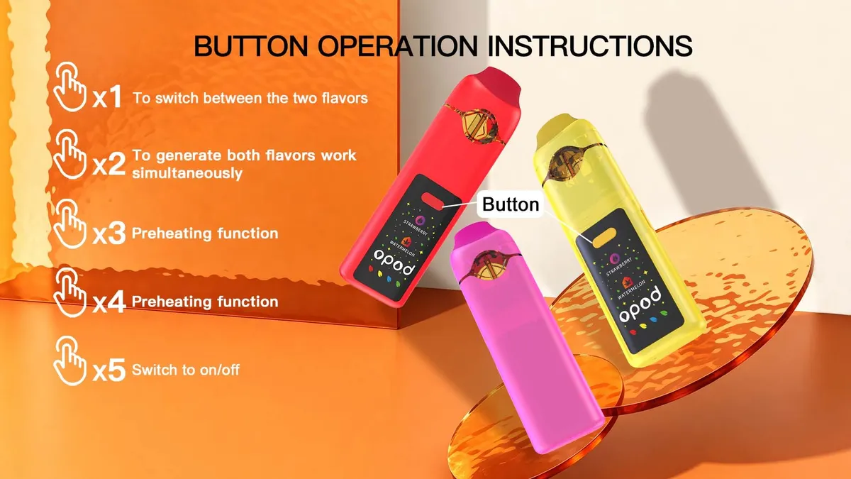 M60 Opod dual-flavor CBD vape, 1 ml + 1 ml glass chambers, ceramic coil — button operation instructions card beside red, pink and yellow units, five press actions from flavor switch to on/off