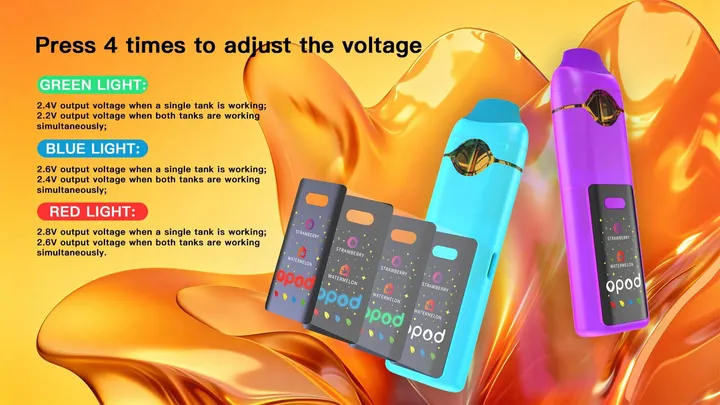 M60 Opod dual-flavor CBD vape, 1 ml + 1 ml glass chambers, ceramic coil — press four times to adjust the voltage card: green, blue and red light levels with cyan and purple units and retail boxes
